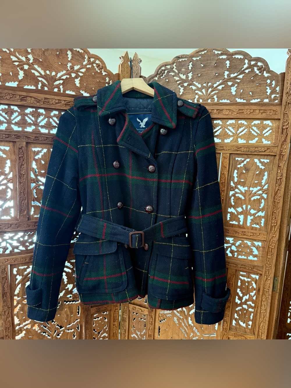 American Eagle Y2K Plaid Belted Wool Peacoat. Navy Green Red